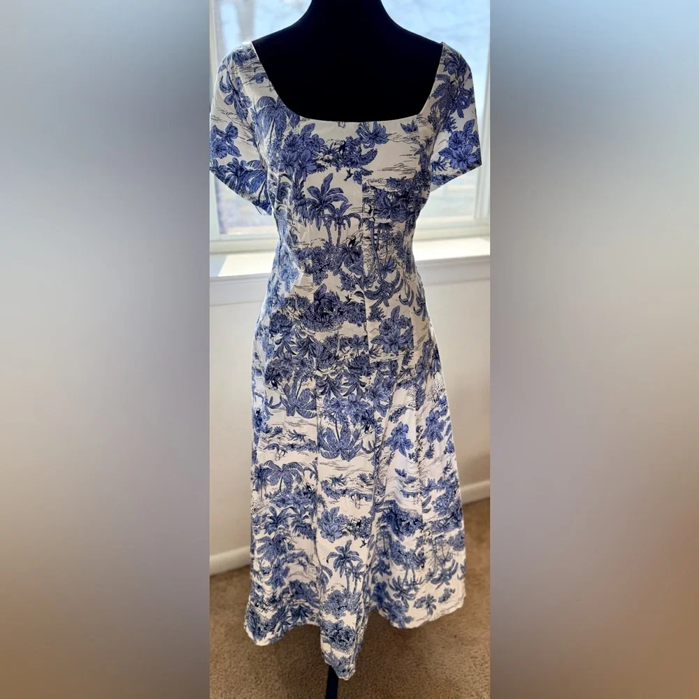 Joie Blue and White Toile print preppy midi dress Cottagecore zip back XL EUC - Picture 3 of 17